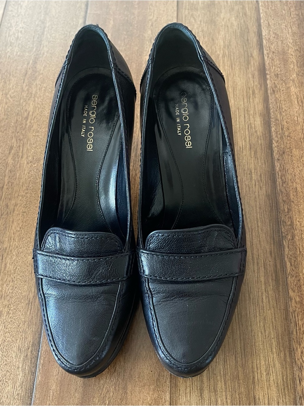 Vtg Y2K Sergio Rossi Black Pebbled Leather Platform Penny Loafer Stiletto Pumps